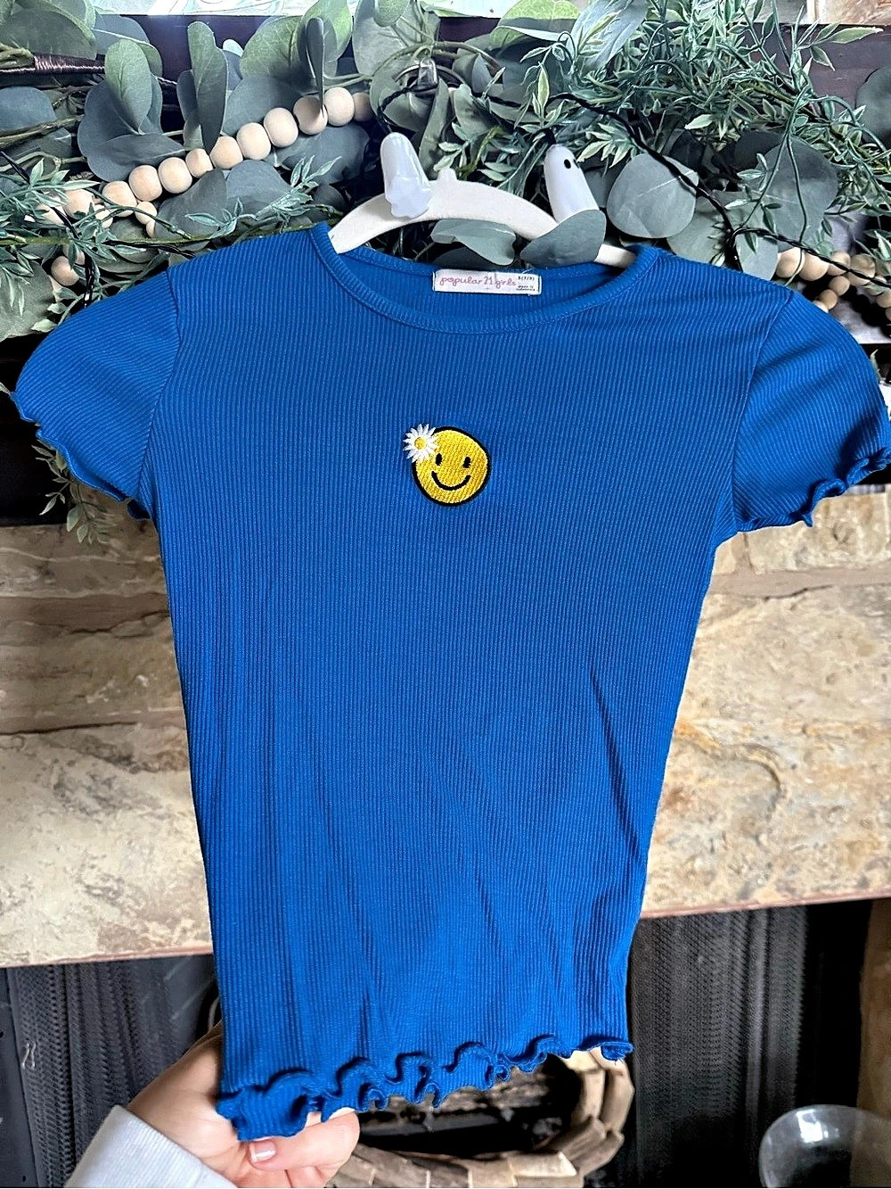popular 21 girls Ribbed Ruffle Hem Tee in Blue Girls Small 7/8